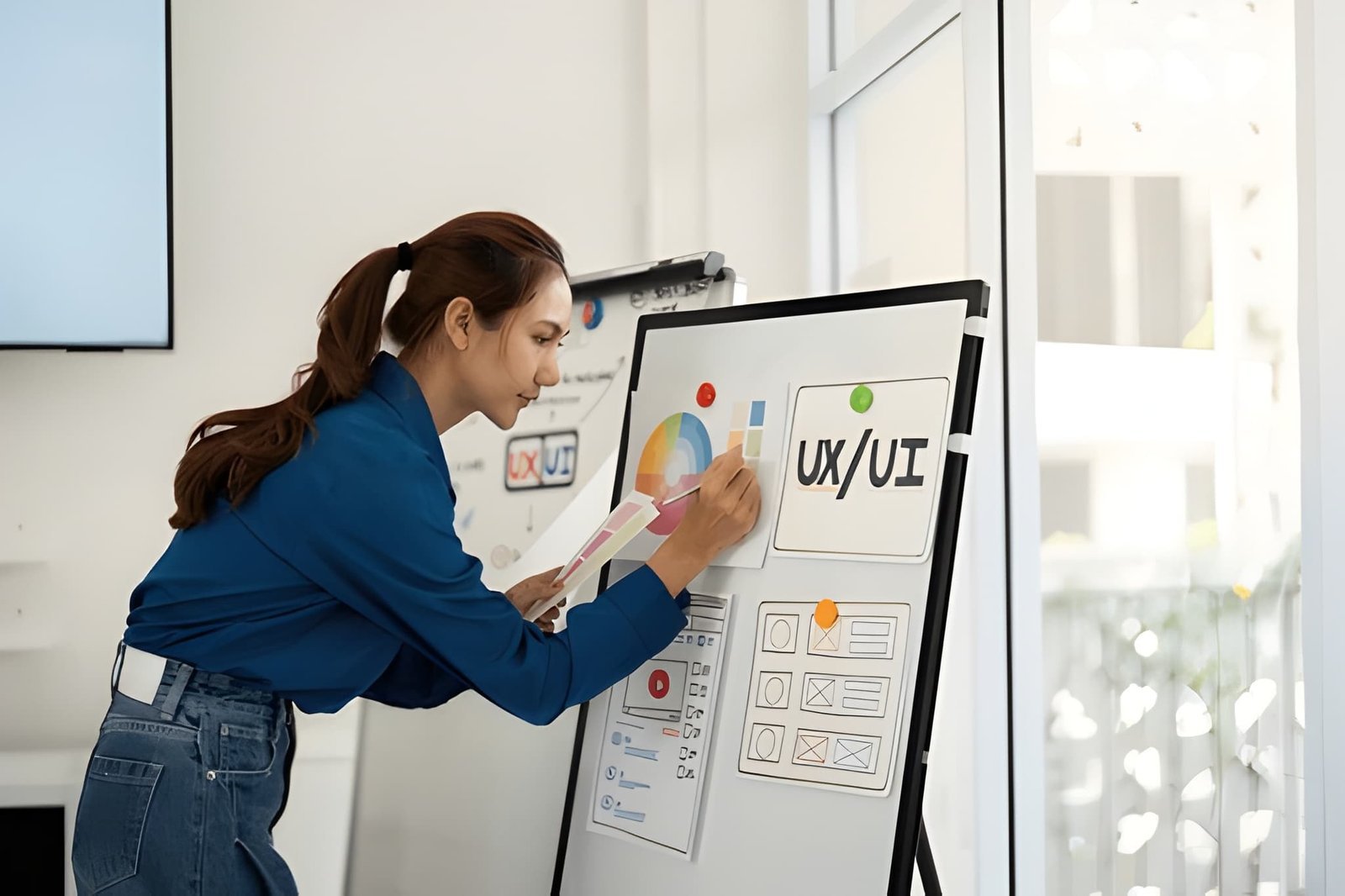 Designer creating wireframes and UI/UX prototypes on a tablet